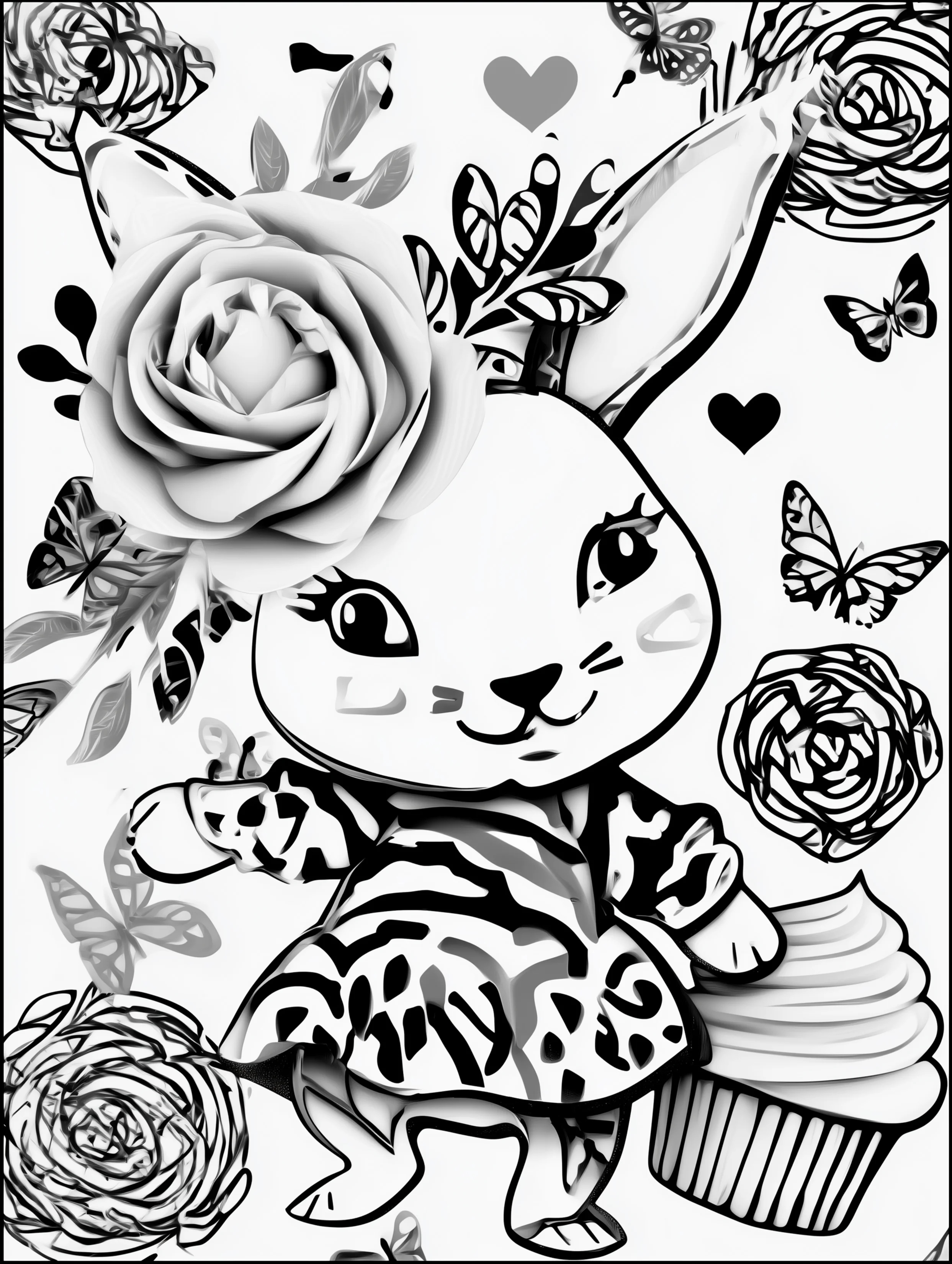 Free printable rabbit coloring page for adults featuring a dancing bunny with a cupcake